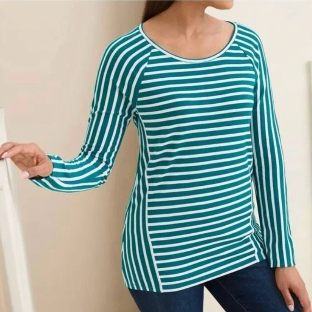 Chico's Mixed Stripe Ponte Top Size XL Scoop Neck Stretch Knit‎ Pullover Comfy
